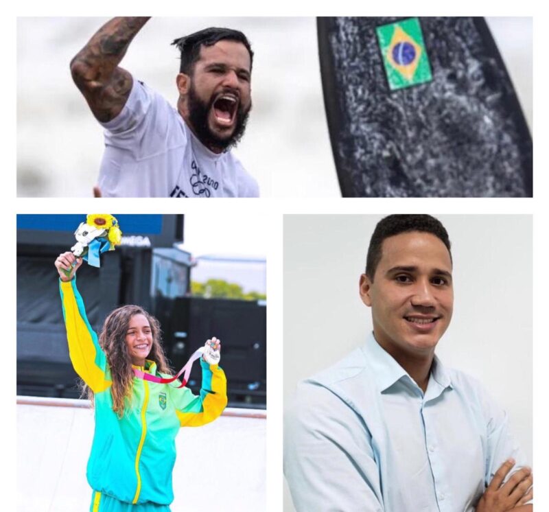 Os medalhistas olímpicos Ítalo Ferreira e Rayssa Leal; e Ytaquirate Soeiro, Gerente de Gente e Gestão da Equatorial Maranhão – Foto: Divulgação