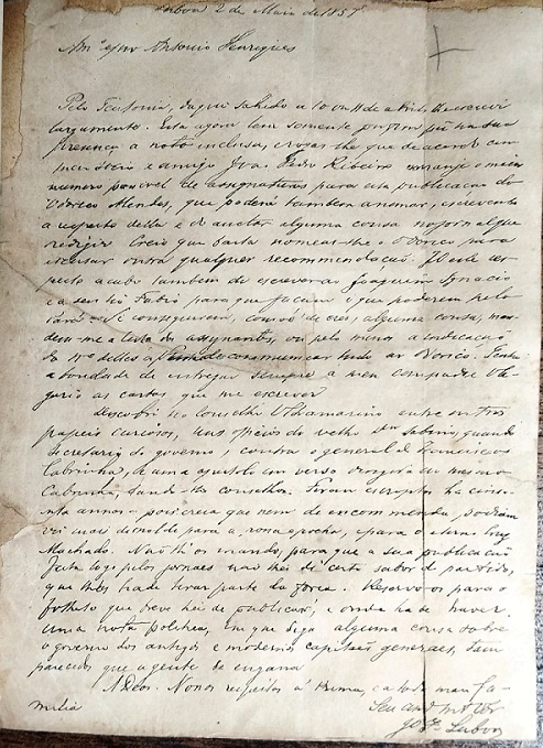 Carta de João Lisboa a Henriques Leal (1857) - Foto: Reprodução